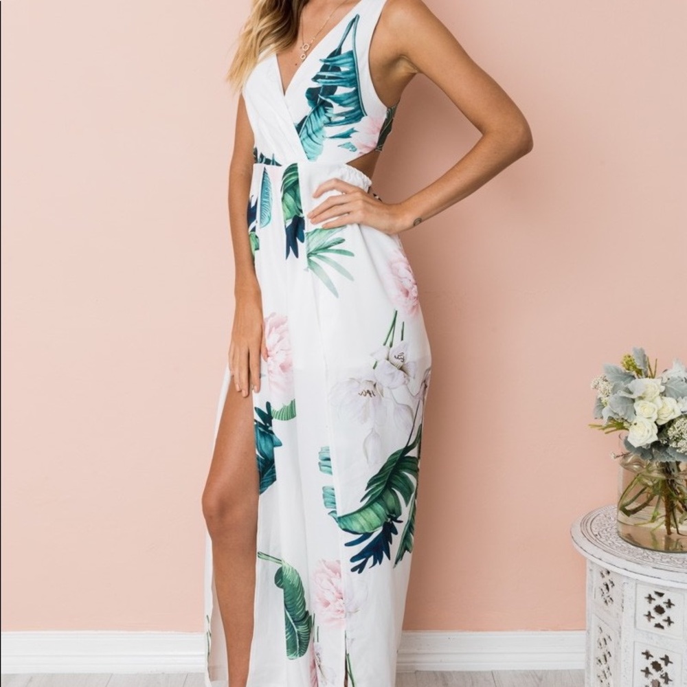 ♦️🆕White Floral Wide Leg Split Jumpsuit - Picture 4 of 7